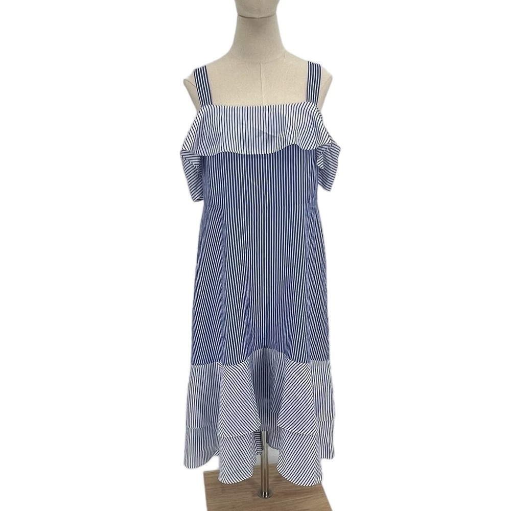J.Crew Silk Blue White Striped Cold Shoulder High Low Silk Dress Size 14 Women’s